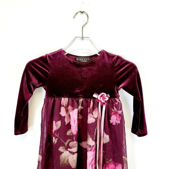 BISCOTTI Girls Wine Red Purple Floral Velvet Holiday Party Dress 3T Ribbon - Picture 4 of 12